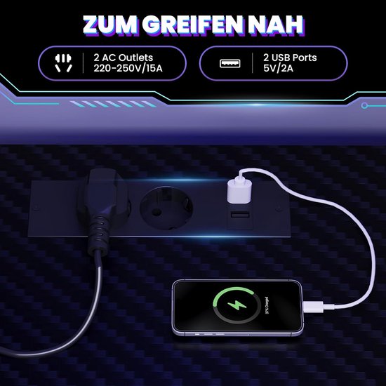 Gaming Bureau L-vorm - Hoekbureau Computerbureau - Thuiswerken Gamers - Met LED Stopcontact - 120 x 80 cm - Koolstofvezel Zwart — afbeelding 3