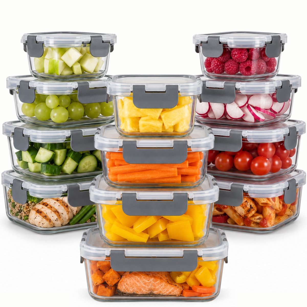 Five Stars® Glazen Vershoudbakjes - 12 Stuks - Meal Prep Bakjes - Luchtdichte Diepvriesbakjes - Met Deksel - 320 ml, 370 ml, 800 ml & 1040 ml