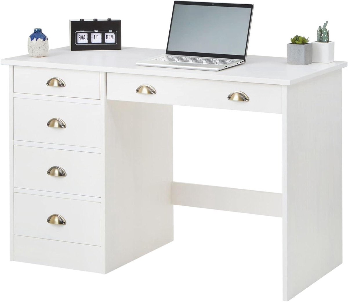 Bureau met lades - Schrijftafel landelijk - Thuiswerken organiseren - Vijf opberglades - 114 cm breed - Wit