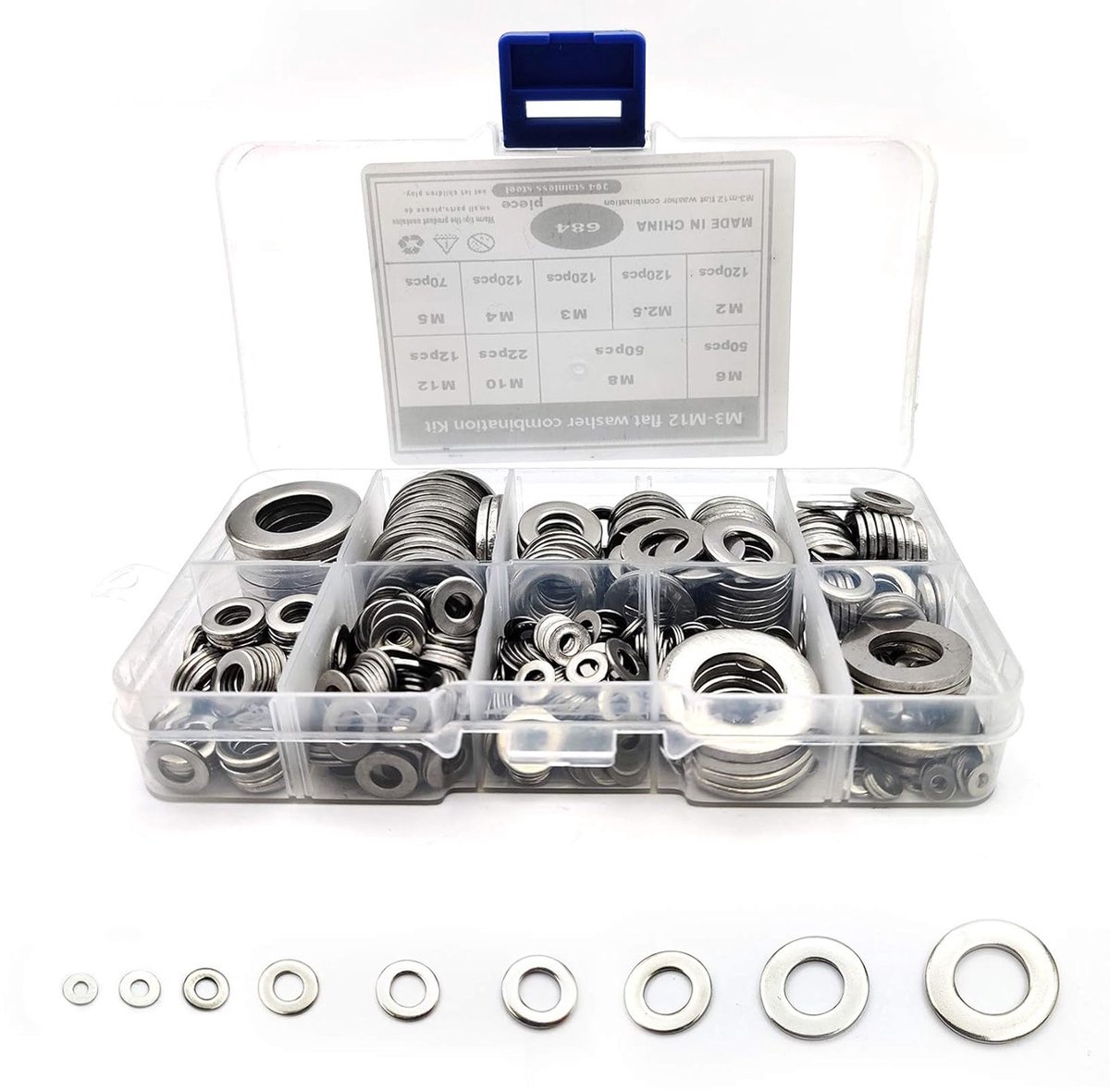 Assortiment van 684 Ringen en Washers in Roestvrij Staal voor Diverse Maten M2 tot M12