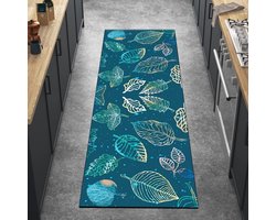 Hal tapijt voor de keuken blauw 60 x 120 cm met bladpatroon, antislip en wasbaar, ideaal voor gang en slaapkamer, kortpolig en aanpasbaar per meter Hal tapijt voor de keuken blauw 60 x 120 cm met bladpatroon, antislip en wasbaar, ideaal voor gang en slaapkamer, kortpolig en aanpasbaar per meter
