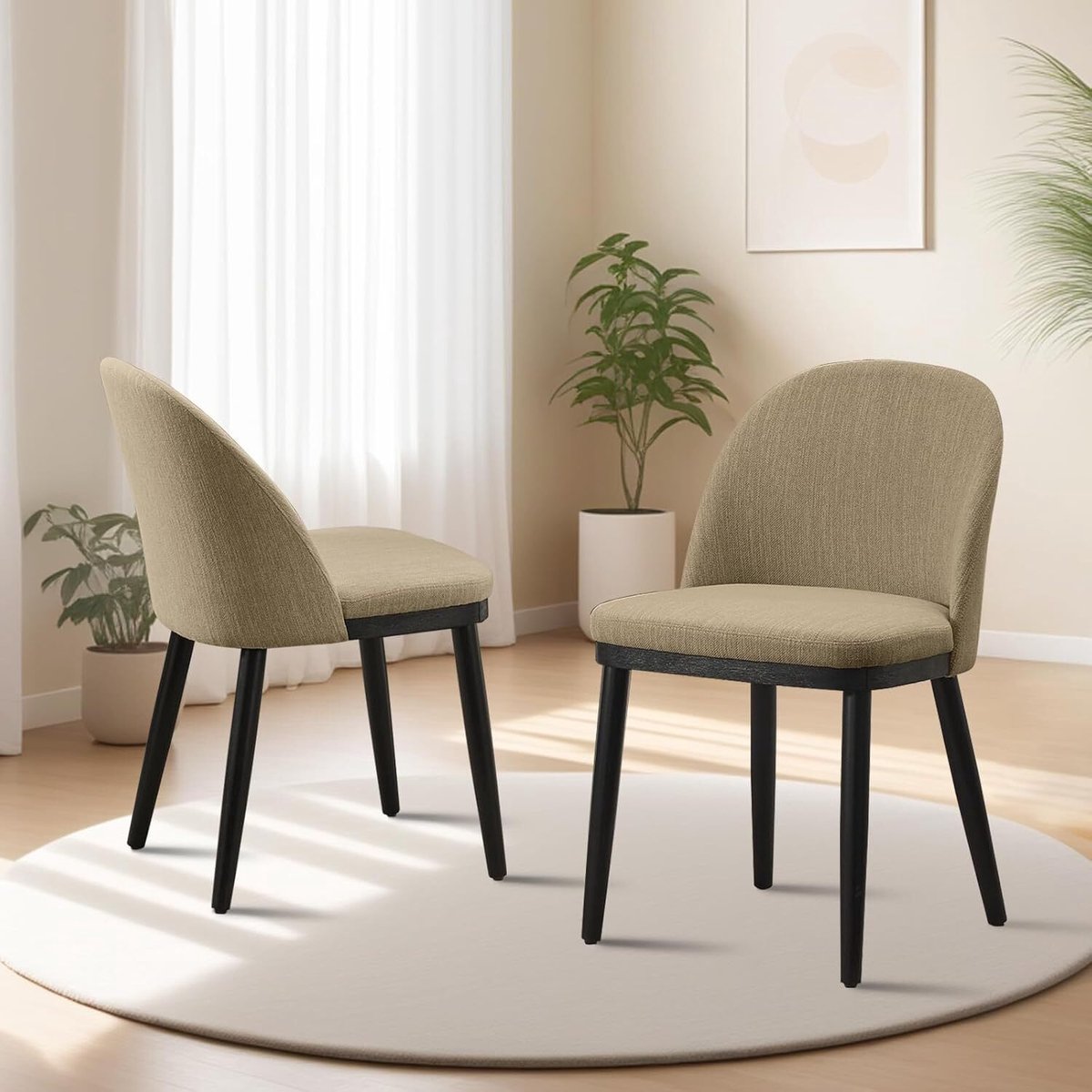 HOERFURIY Moderne Eetkamerstoelen Set van 2 - Linnen Bekleding met Houten Poten - Ergonomische Rugleuning & Dik Kussen - Verstelbare Poten - Camel