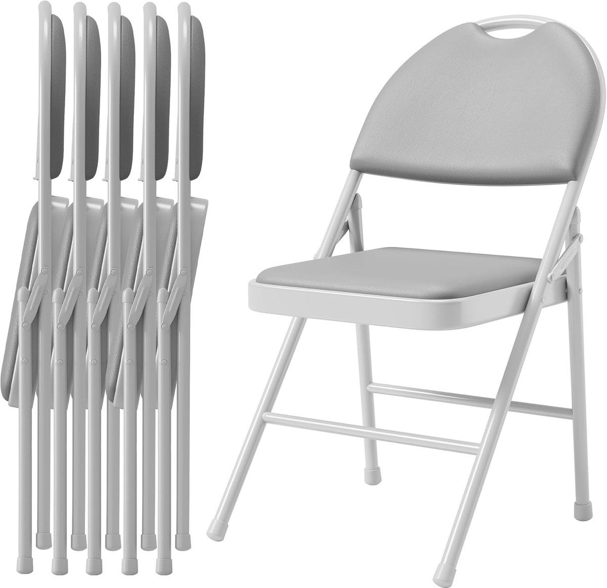 HOERFURIY Set van 6 Luxe Klapstoelen - Ergonomische Eetkamerstoel met Hoge Rugleuning - PU Leer & Metalen Frame - Ruimtebesparend - Grijs