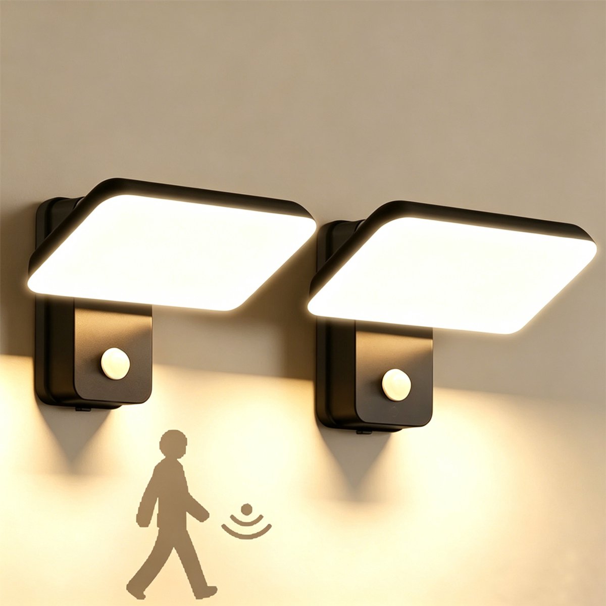 2 stuks Buitenwandlamp met bewegingssensor, IP65 LED-wandlamp met draaibaar LED-paneel, Warm Wit, 3000K, binnen-/buitenlamp voor tuin, balkon, gang, Zwart (Aansluiten op de stroomvoorziening)