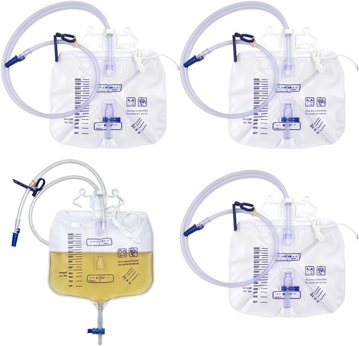 Urinetragesysteem Katheterzakken 2000 ml met T-afvoer, anti-reflux-ventiel en slang, 4 stu