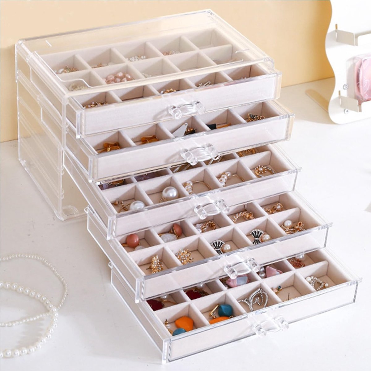 Allecto - Oorbel Opbergdoos - Sieraden Organizer - Hoogwaardig Acryl - Beige - Oorbellen Display Case - Ideaal voor Dames - 5 Laden