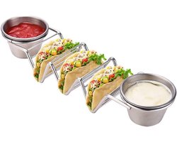 Taco houder 3 vakken - V-vormige taco standaard met sausbakje - Roestvrij staal - Ovenbestendig & geschikt voor bakken en barbecue - Vaatwasmachinebestendig - Stevige tortillahouder - Perfect voor feesten, avondeten en BBQ