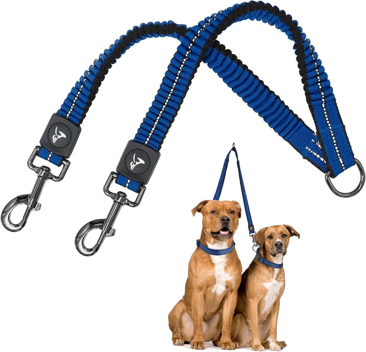 Dubbele hondenkoppeling - Dubbele riem - Twee honden uitlaten - Schokabsorberend bungee koord - Medium 3/4" - Blauw