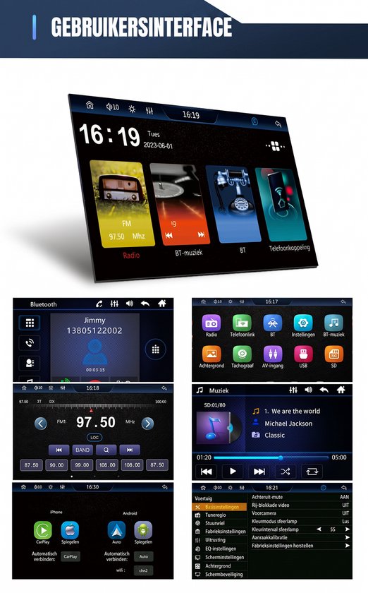 Gebruikersinterface van de autoradio met radio, telefoon, muziek en instellingen.