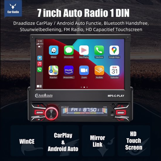 7 inch Auto Radio 1 DIN met CarPlay, Android Auto, Bluetooth en HD Touchscreen.