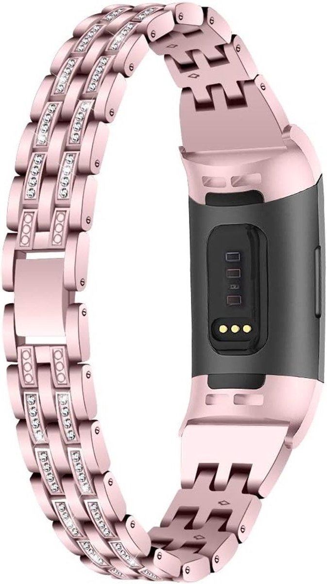 Elegante Metalen Vervangband voor Fitbit Charge 4/Charge 3 met Glanzende Strass Steentjes voor Vrouwen - Roze Kleur, Duurzaam en Comfortabel