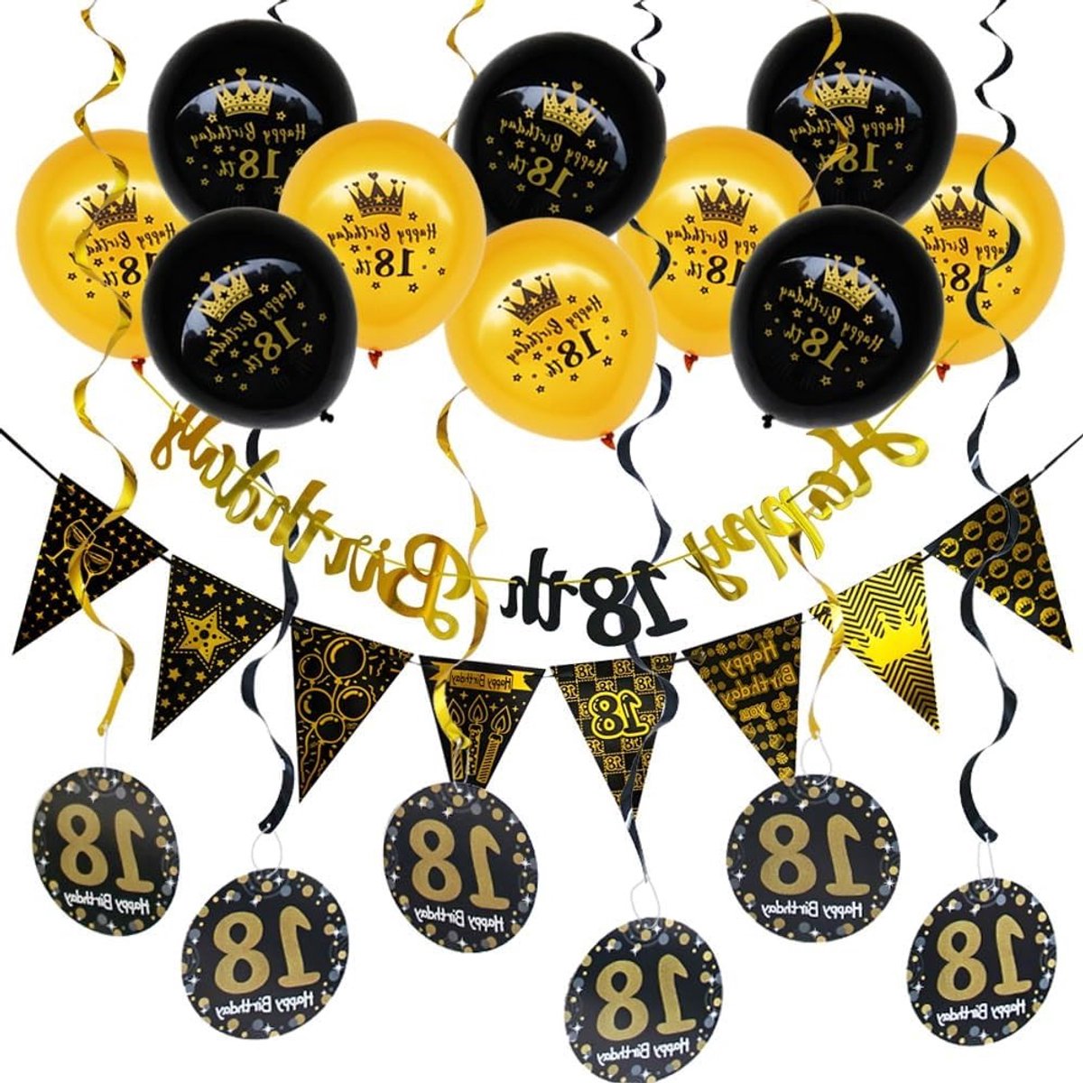 Verjaardagsdecoratie voor 18e verjaardag, zwart-gouden versiering, hangende wervels en vlaggen voor jongen of meisje