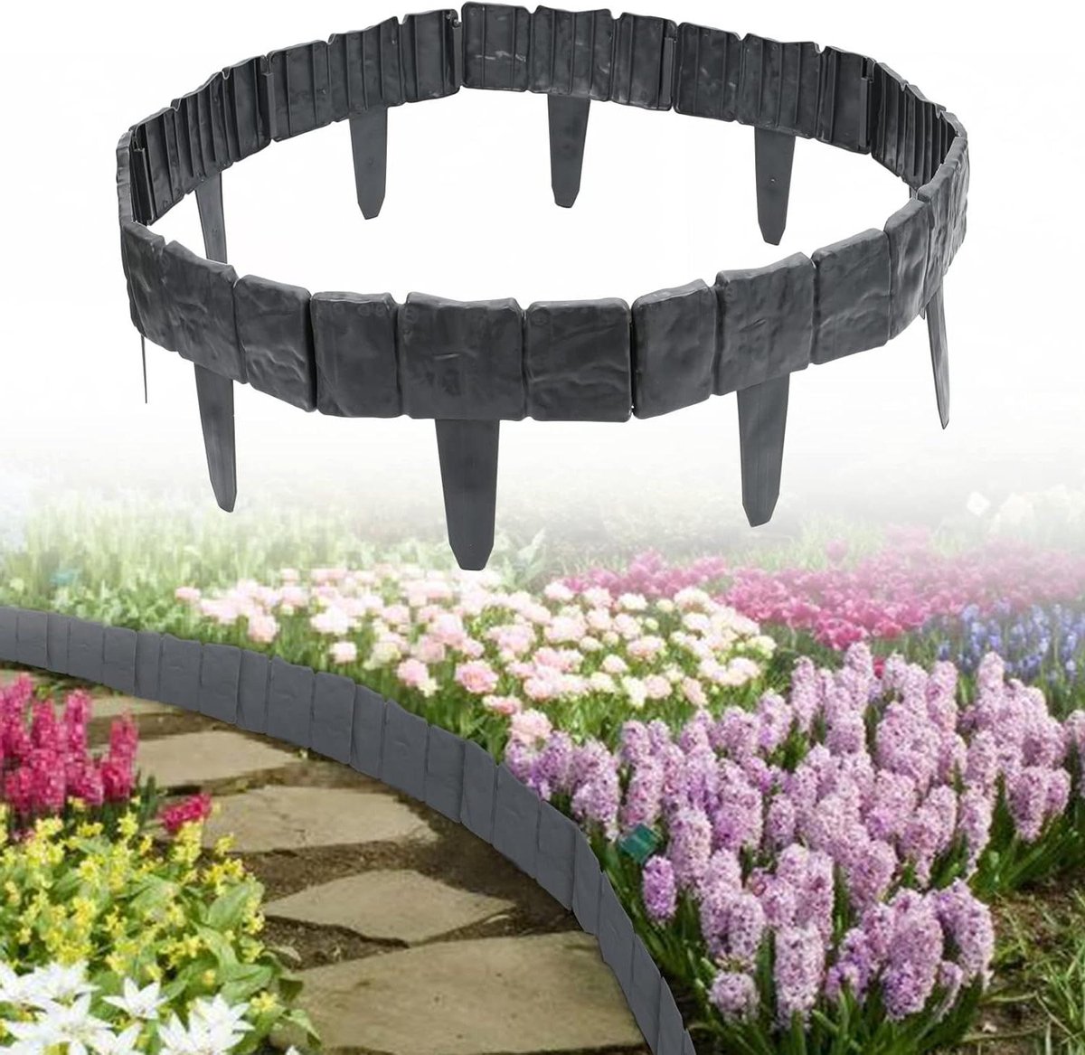 Gazonrand Kunststof - Bloembedomranding Steenlook - Tuin Afscheiden - Maairand Steen Granietlook - 75 m - Antraciet