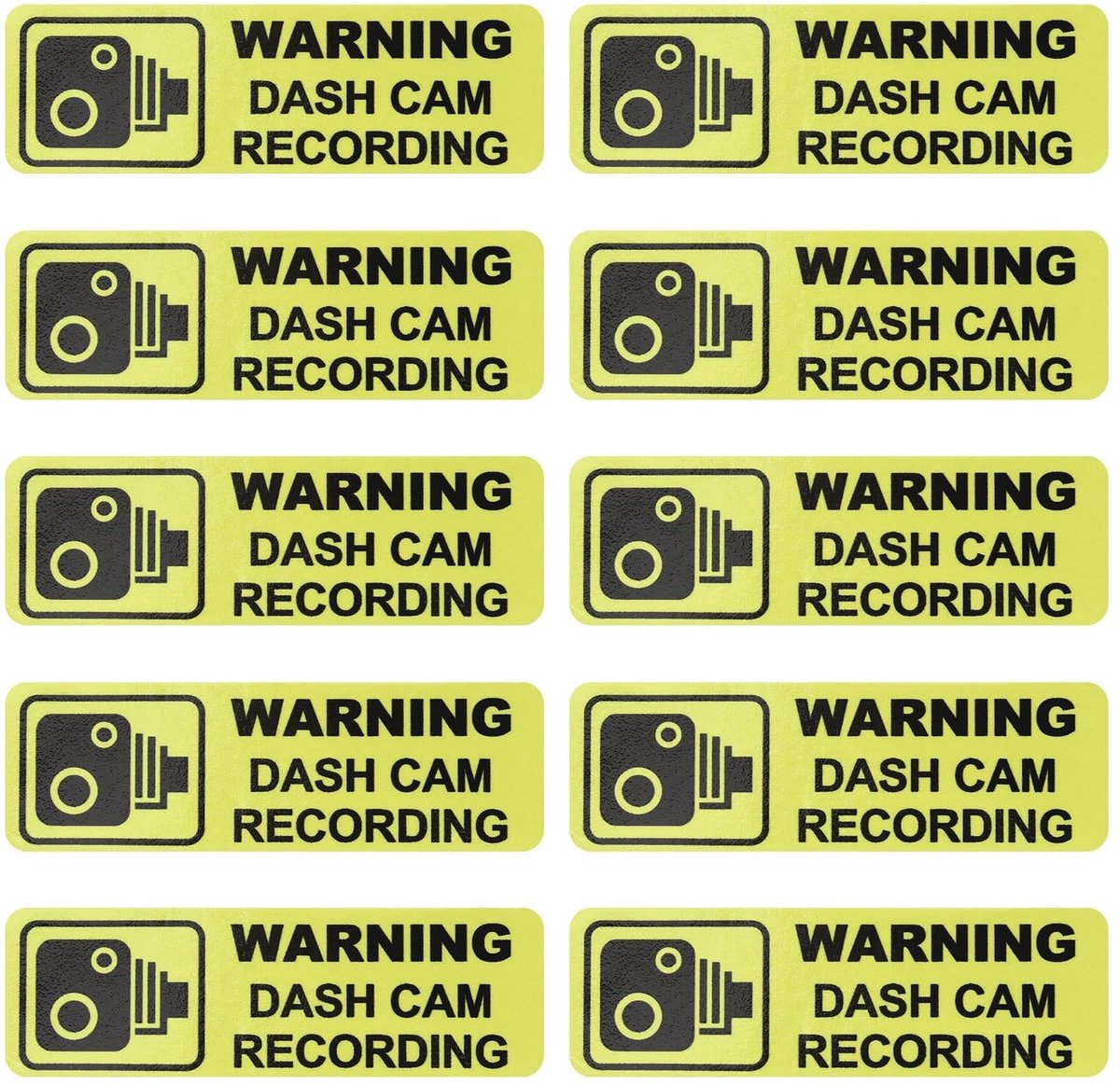 Allecto - Dashcam Waarschuwingsstickers - Verbeterde Veiligheid - Geel - PVC - 10 Stuks - Geschikt voor Auto - 89x28 mm