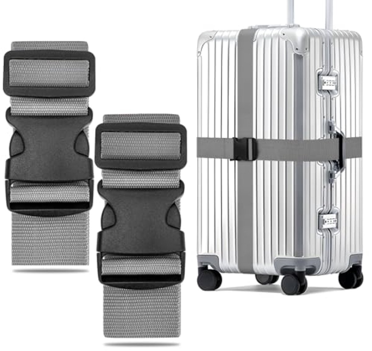 Kofferriem 2 stuks, verstelbare bagageband max. 250 cm, stevige nylon riem voor reizen en vliegreizen (grijs)
