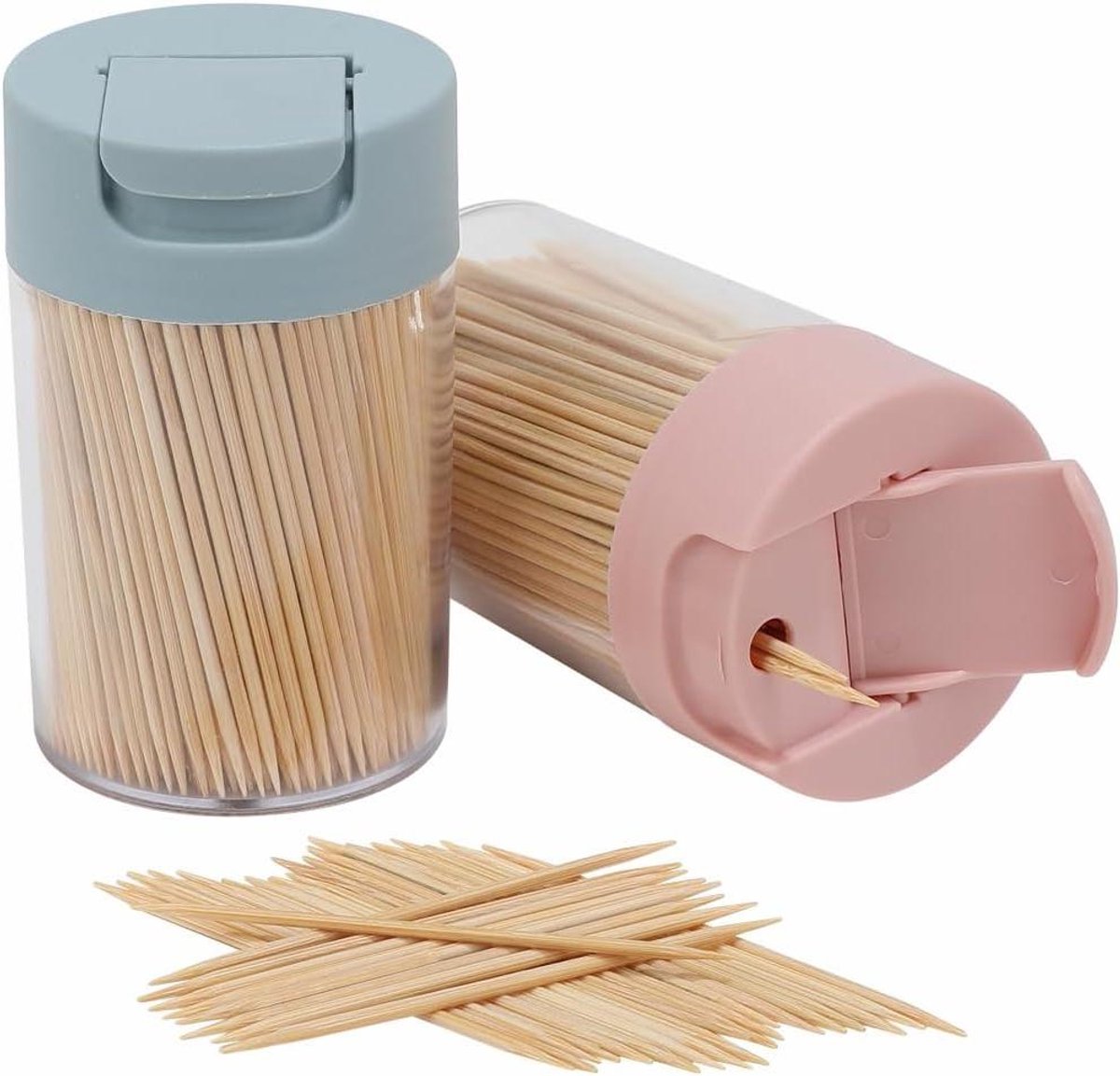 Tandenstokerhouder - Houten Tandenstokers - Tanden Reinigen - Natuurlijke Houten Stokers - 8.1 cm Hoog - Rood Blauw