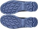 Zolen van zwarte werkschoenen met een blauw profiel.