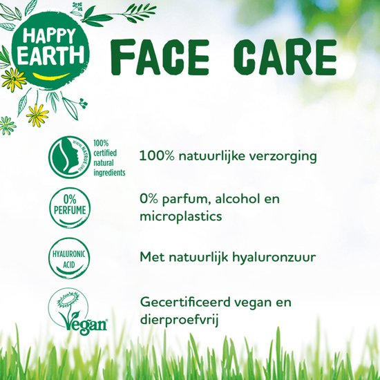 Achtergrond met gras, bloemen en bladeren, met tekst over 100% natuurlijke verzorging, vegan en dierproefvrij.