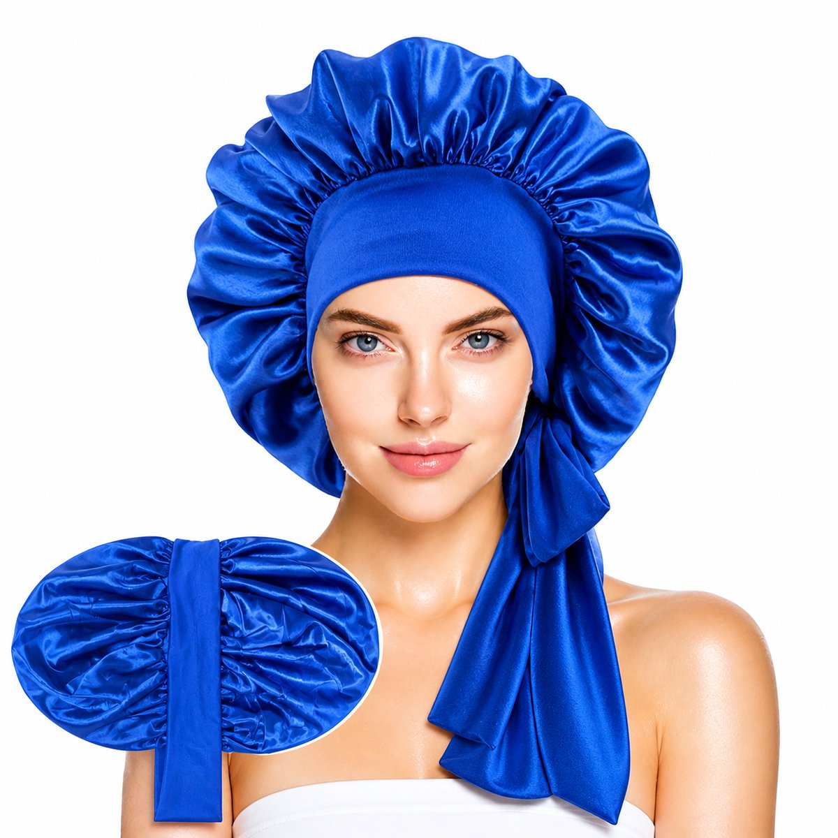 Xaria Satijnen Slaapmuts – Dubbelzijdig Satijn Binnen & Buiten – Verstelbare Bonnet met Lange Lussen – Tegen Pluis & Haarbreuk – Royal blue