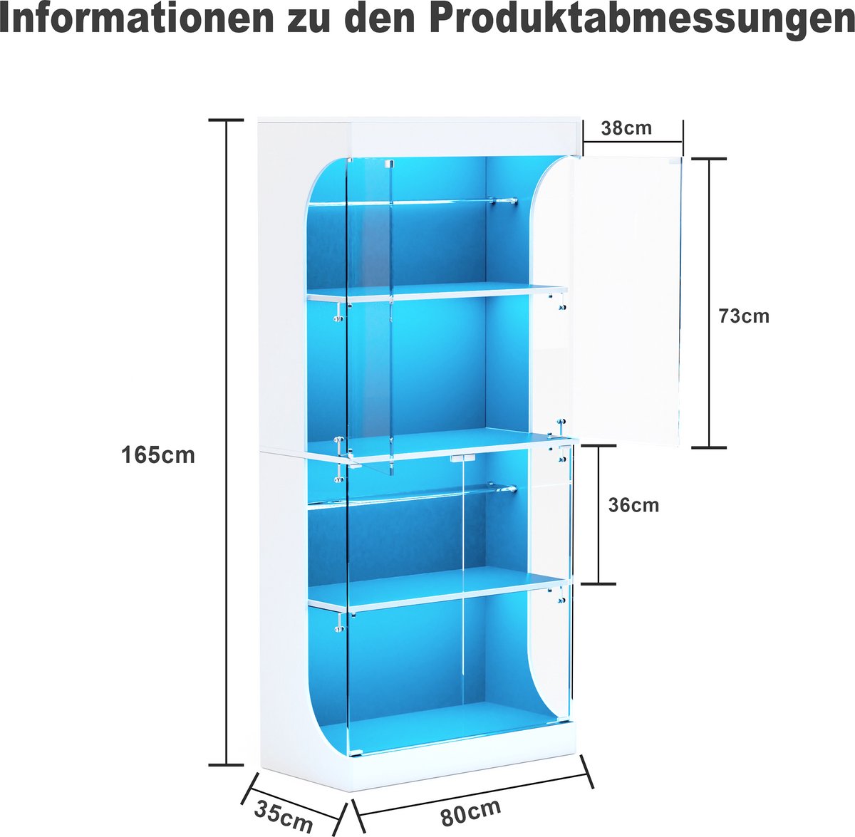 Merax Glazen Vitrinekast met Verlichting - Kast met Glasdeuren en Bewegingssensor - Opbergkast met Laadfunctie en Legplanken - Wit 80x35x165 cm