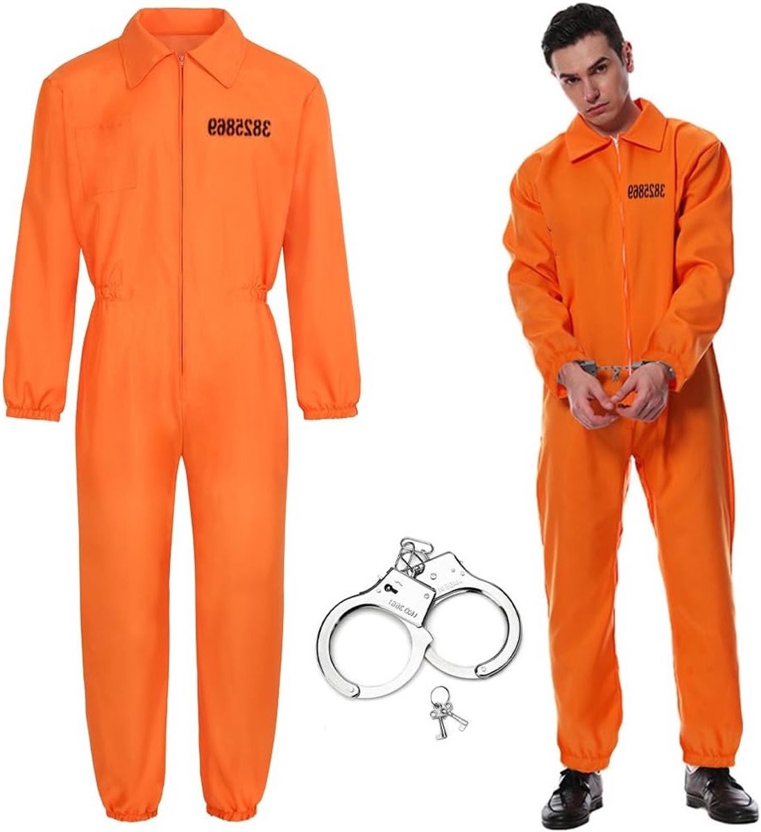 Klassiek Oranje Gevangenis Kostuum voor Mannen en Vrouwen, Inclusief Handboeien voor Carnaval en Halloween, Perfect voor Feestjes en Themapartijen