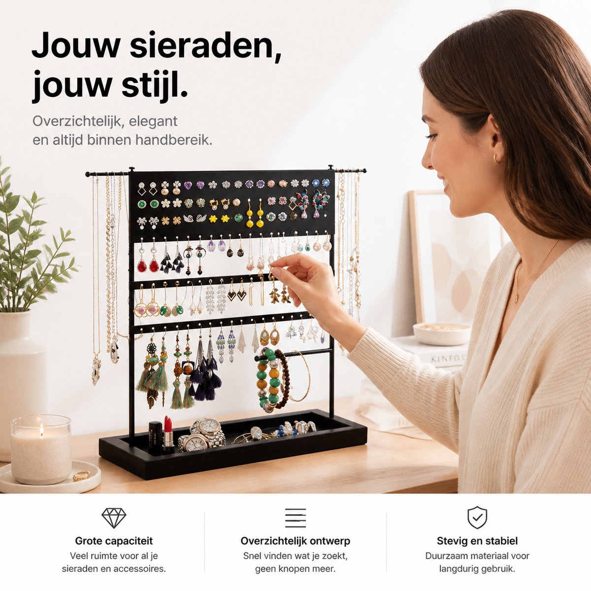 BOTC Sieradenhouder - Voor kettingen / armbanden / Oorbellen - Sieraden Organizer - Oorbellenrekje - Ketting houder - Zwart — cadeau in Wonen & Interieur - foto 2