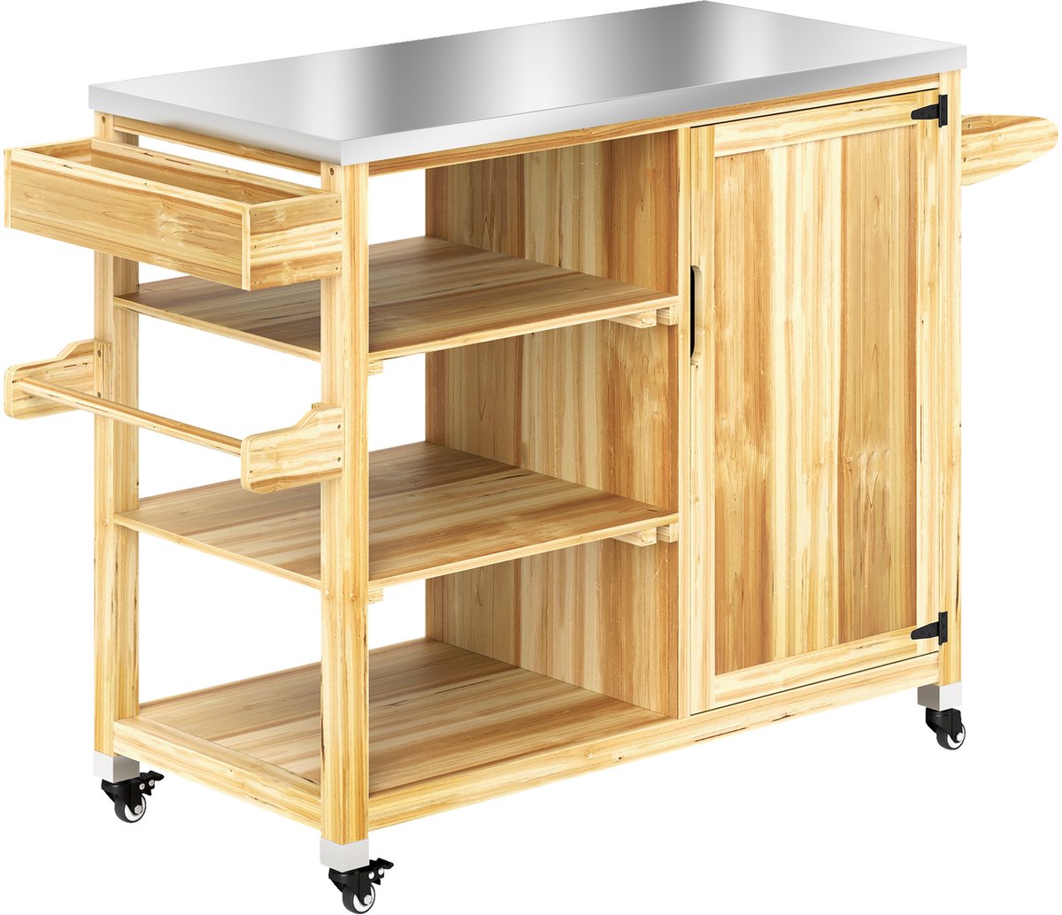 Buitenkeuken op Wielen – BBQ Trolley – Met Opbergkast & Planken – Werktafel voor Buiten – Hout & Metaal – Multifunctioneel – Natuurlijk hout