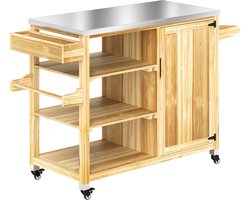 Buitenkeuken op Wielen – BBQ Trolley – Met Opbergkast & Planken – Werktafel voor Buiten – Hout & Metaal – Multifunctioneel – Natuurlijk hout