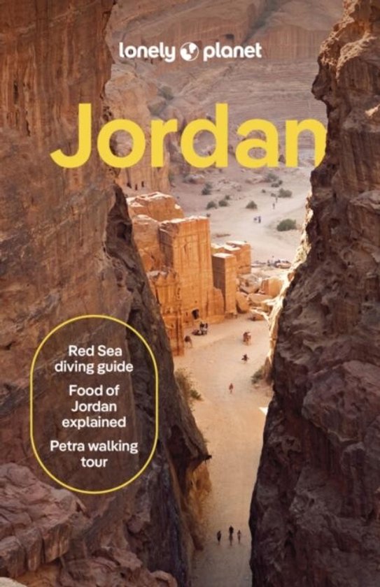 Lonely Planet Jordan reisgids met de tekst 'Red Sea diving guide', 'Food of Jordan explained', 'Petra walking tour'. De cover toont de oude stad Petra, Jordanië.