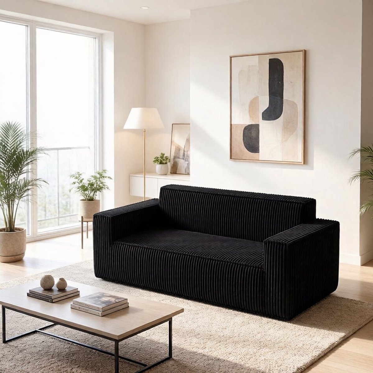MODFU - Bank - Diepe Zitting - Zonder Montage - Modern Minimalistisch - Voor Woonkamer - Ribfluweel - Zwart