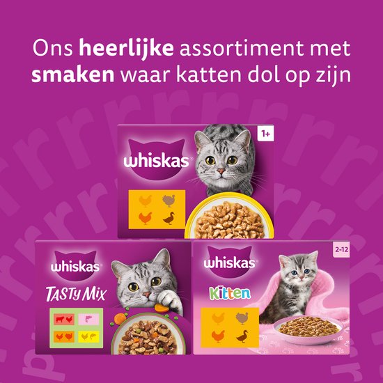 Drie verpakkingen Whiskas kattenvoer: een voor volwassenen, een Tasty Mix, en een Kitten.