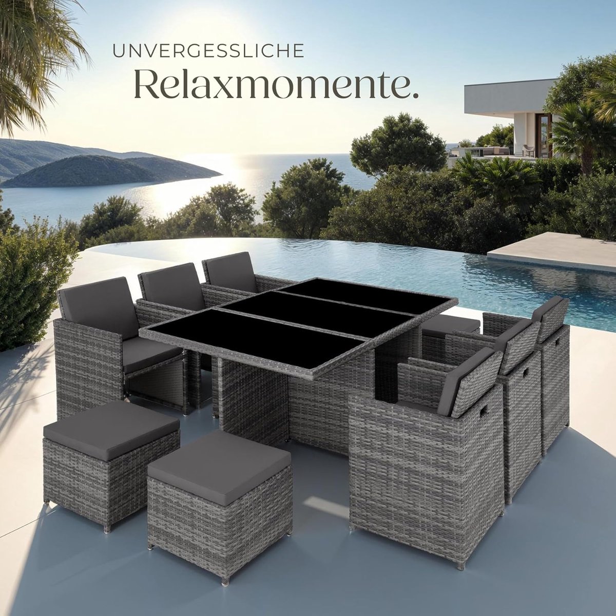 Tuinmeubelset 10 Personen Polyrotan Lounge Set 268 x 230 x 82 cm met Tafel Glasplaat, 6 Stoelen & 4 Krukken Inklapbaar Weerbestendig Aluminium Grijs – HomebyNicole