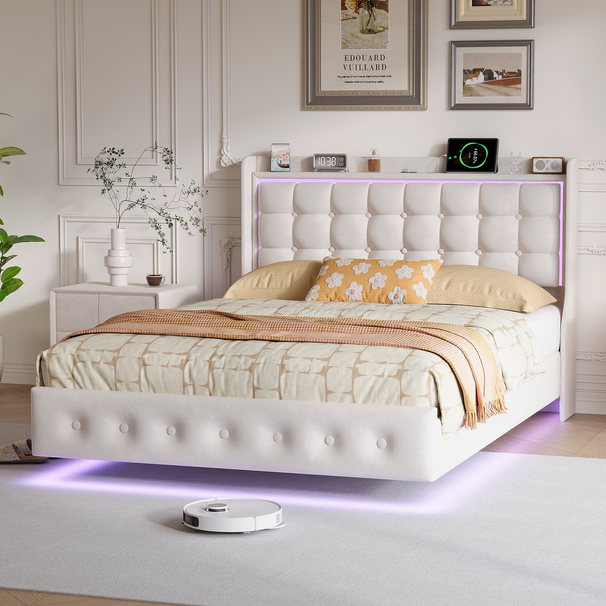 Gestoffeerd bed 160x200cm met ledverlichting en usb-oplaadpoort, gewatteerd hoofdbord en lattenbodem, zwevend visueel effect, fluweel, wit, exclusief matras
