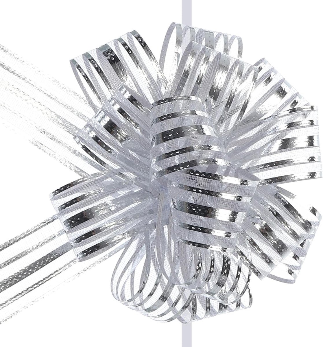Allecto- Organza trekstrikken - Geschenkverpakking - Zilver 10 cm - Chiffon - Strikken - Voor bruiloften en cadeaus - Zilver - 5 stuks 10 cm grote organza trekstrikken - Zilveren chiffon geschenkverpakkingslint strikken voor feestelijke decoraties.