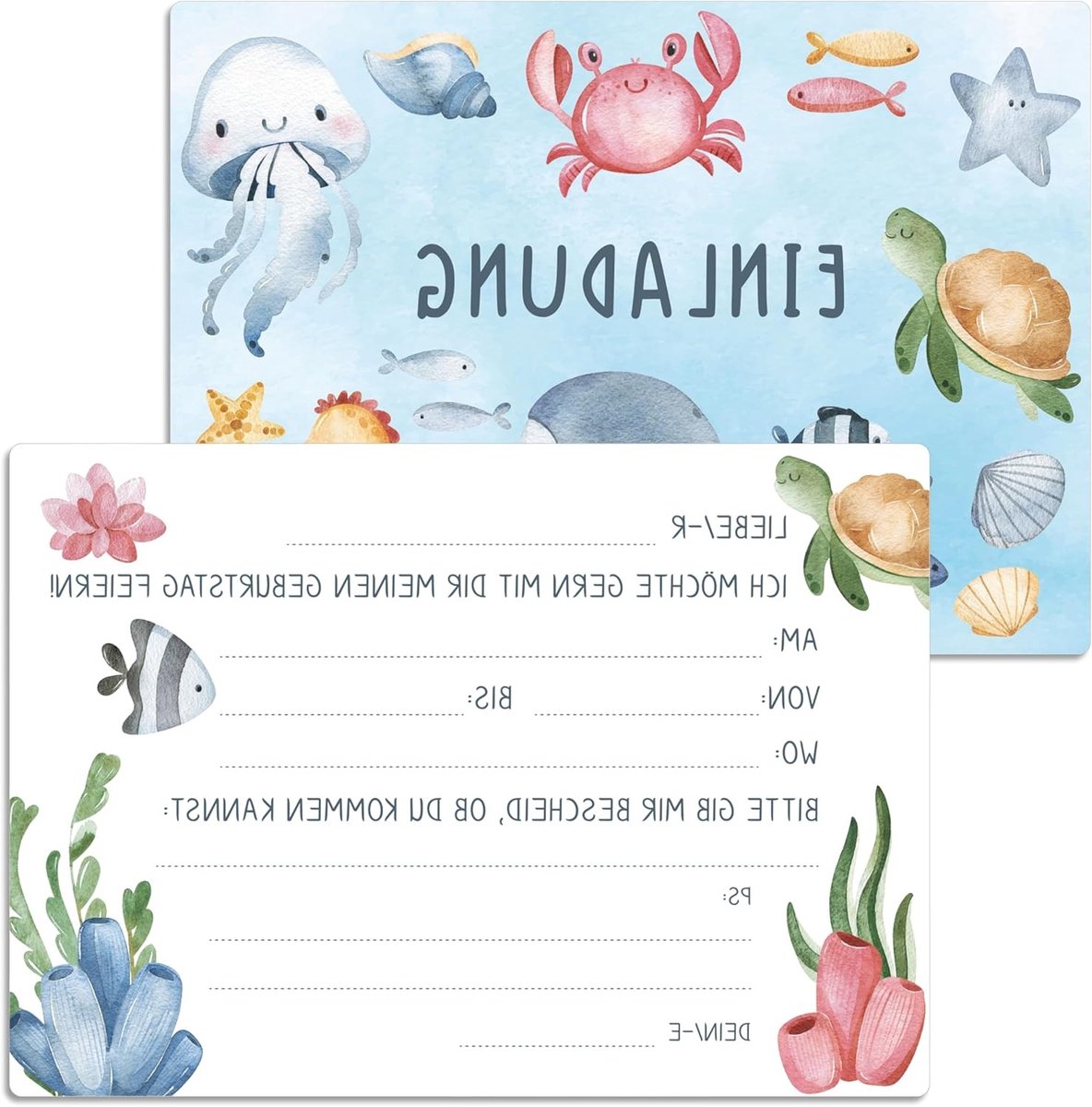13 Kinderuitnodigingen voor Verjaardagsfeest met Gevormde Enveloppen (Ocean Thema)