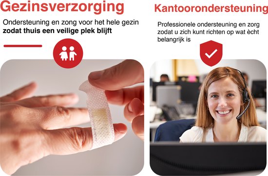 Een persoon krijgt een pleister op de vinger en een callcentermedewerker met headset.