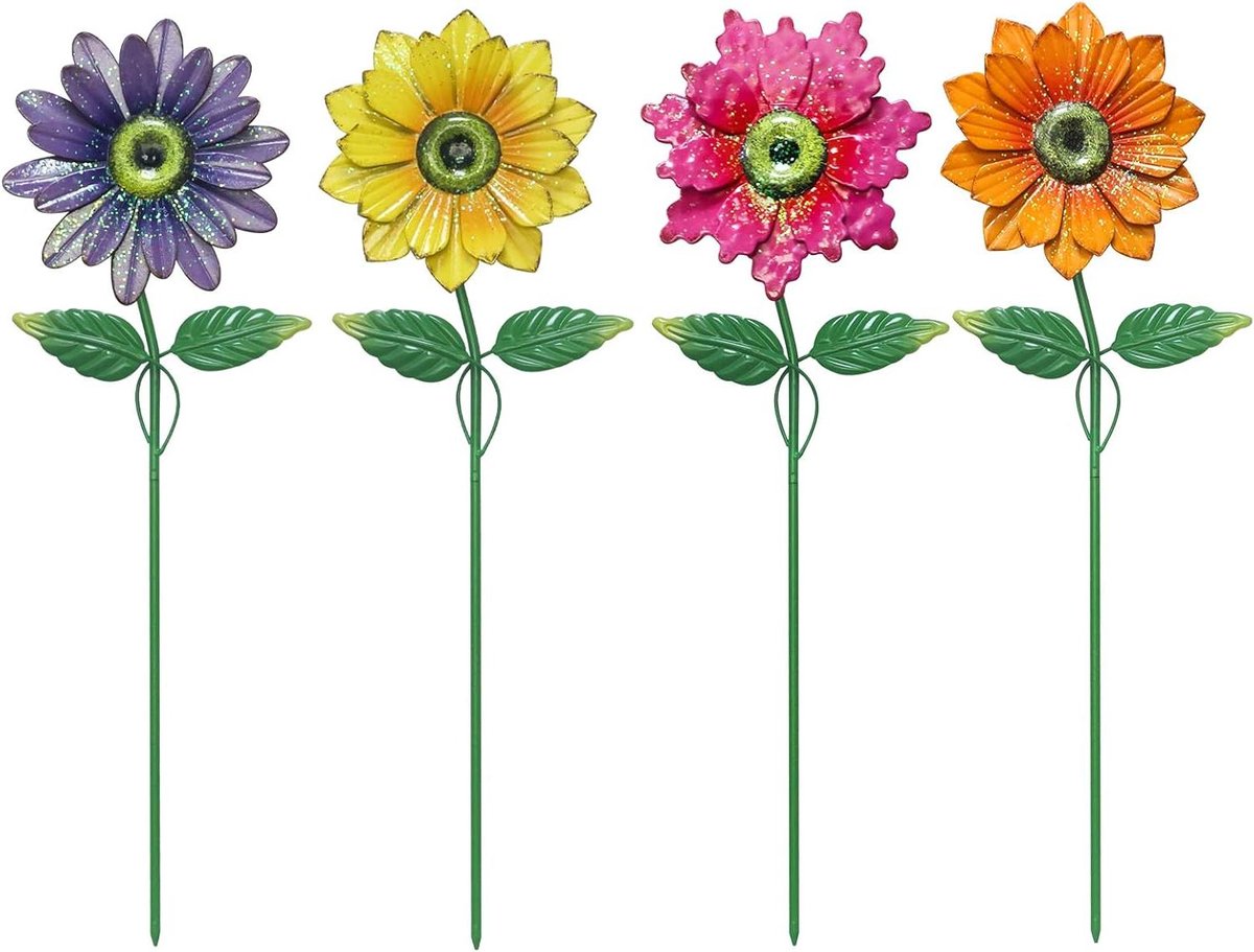 Metalen Bloemen Tuinstekers - Tuindecoratie Set - Tuin Aankleden - Schuddende Kop - 60 cm - Meerkleurig