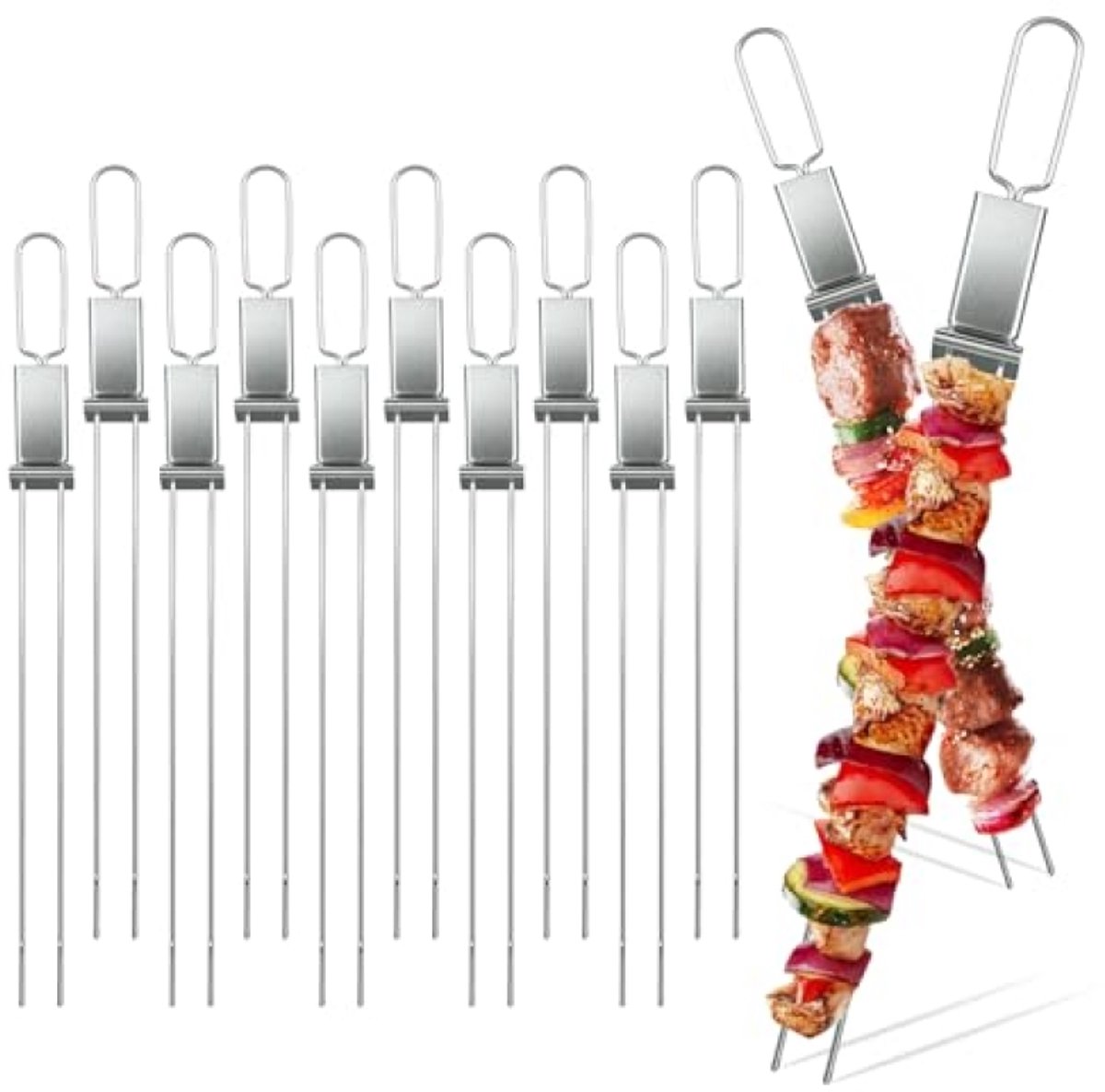 BBQ Sjasliekspiesen Roestvrij Staal 33 cm - 10 Stuks - Herbruikbare Grillspiesen met Push-Bar Design - Geschikt voor Vlees, Vis en Groente - Vaatwasserbestendig