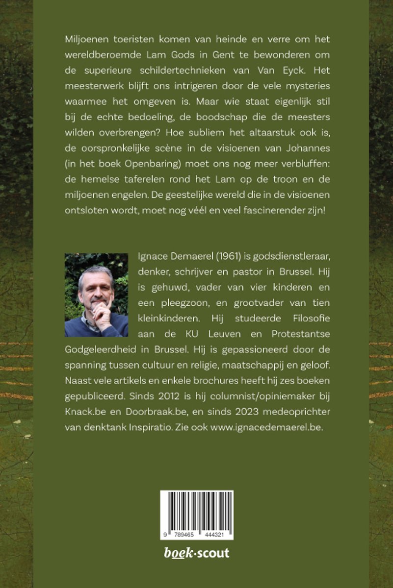 Achterkant van een boek met tekst en een foto van Ignace Demael.