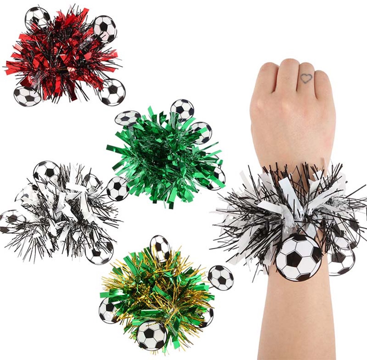 Cheerleader pompon set – 4 stuks – Voor haar & pols – Supportersartikelen – Voetbal thema feest
