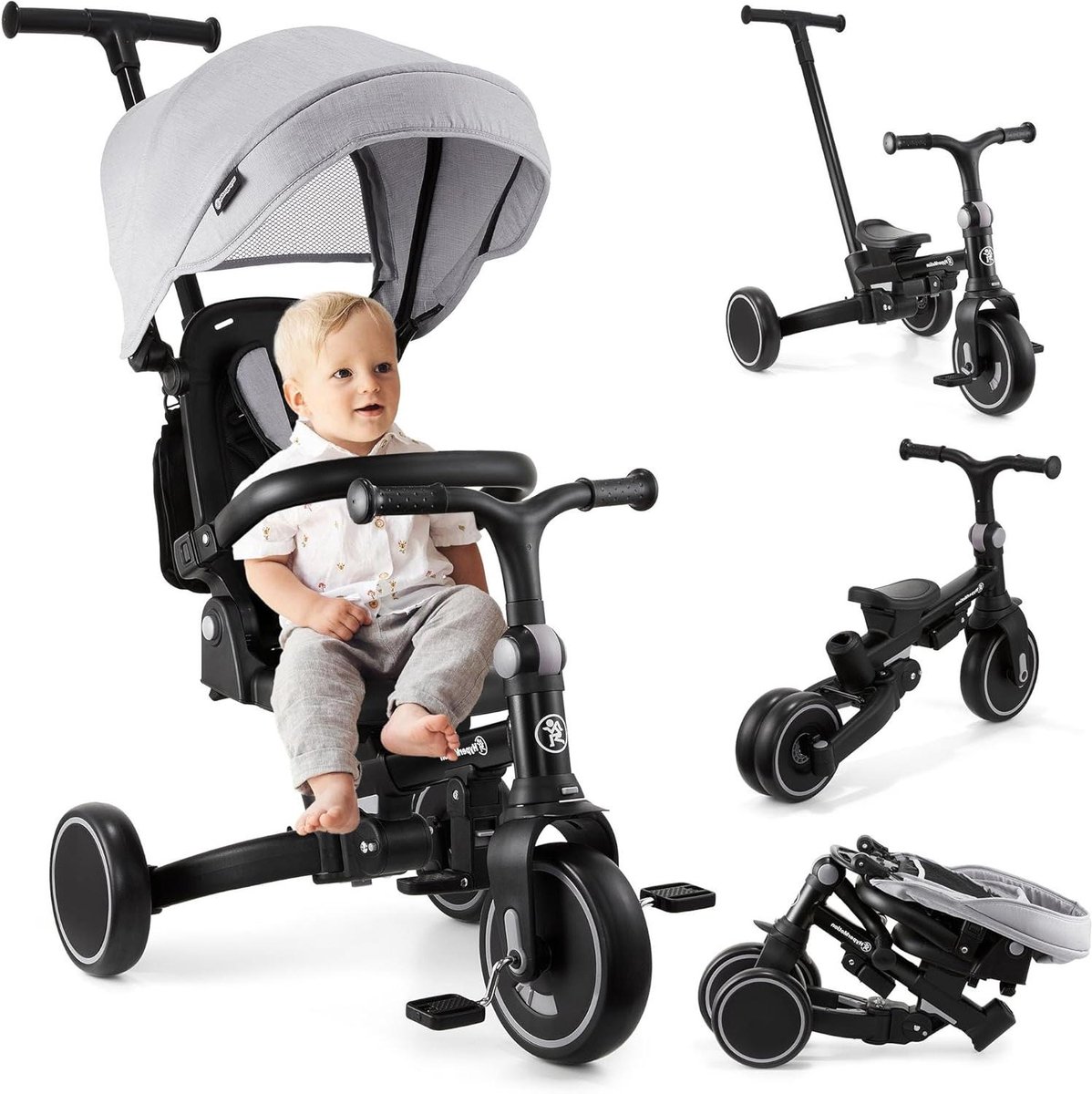 Babydriewieler 8-in-1 - Kinderdriewieler Opvouwbaar - Baby Leren Fietsen - 360 Graden Draaibare Zitting - 1 tot 5 Jaar - Natuur