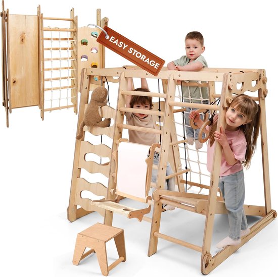 Geüpgradeerd 9-in-1 Houten Indoor Klimtoestel: Montessori Speeltuin met Glijbaan, Schommel, Klimwand, Pikler Driehoek & Creatieve Kunstset voor de Kinderkamer