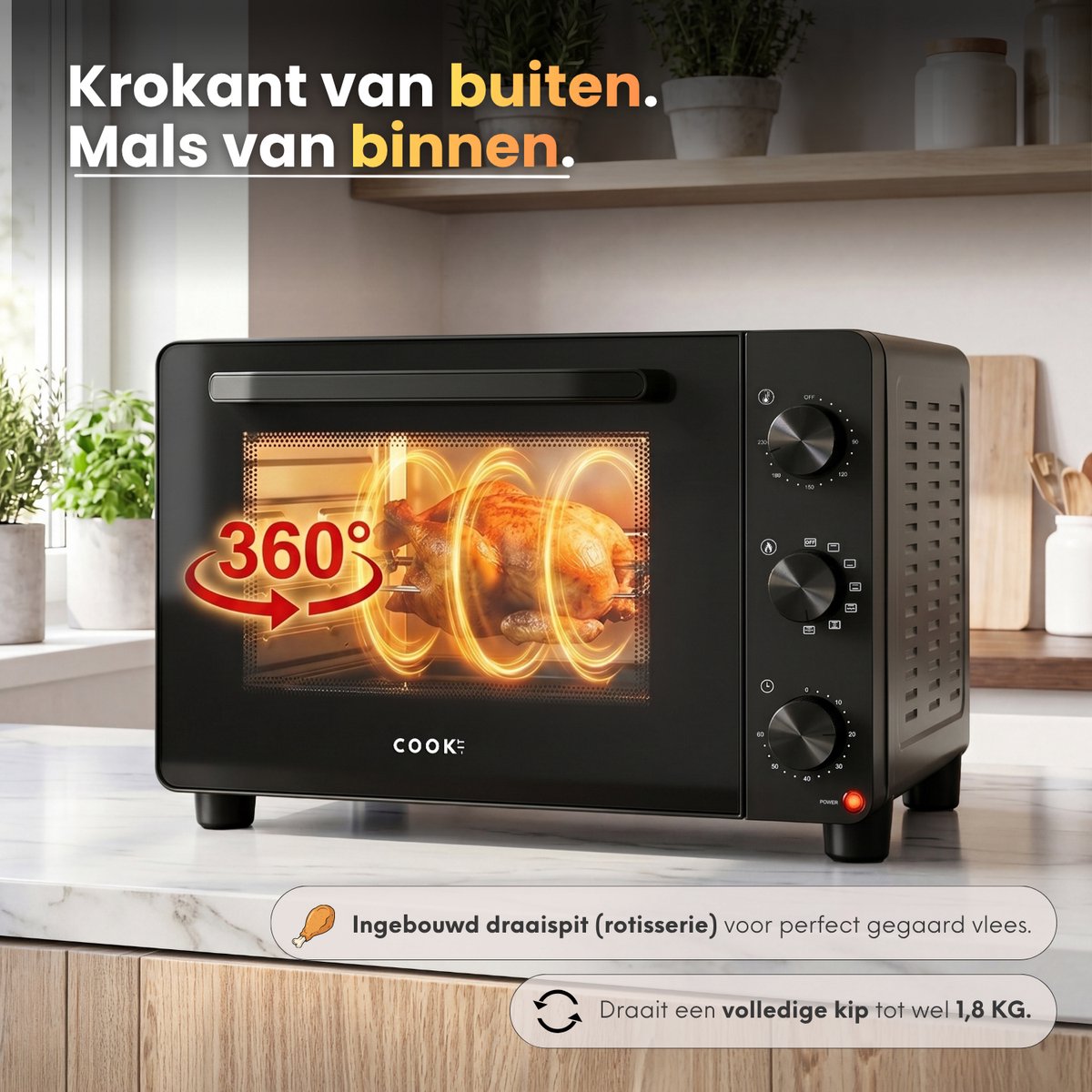 COOK-IT Vrijstaande Oven - 46L - 6 Ovenstanden - Hetelucht - PFAS Vrij - Grill - Draaispit - 90 tot 230°C - Zwart – foto 4