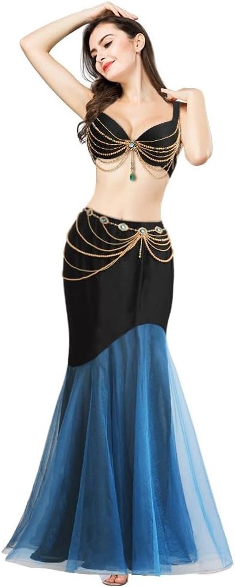 Elegante buikdanseres kostuum met handgemaakte beha, riem en rok versierd met parelkettingen en rhinestones, perfect voor beginners en professionals