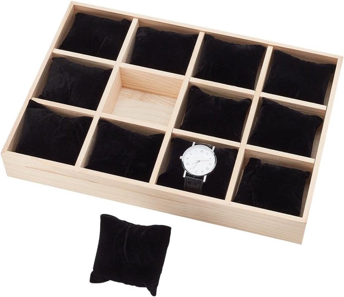 Houten Horloge Organizer met 12 Slots, Verwijderbare Velours Kussens, Stapelbare Sieraden Box voor Horloges en Armbanden, Zwart