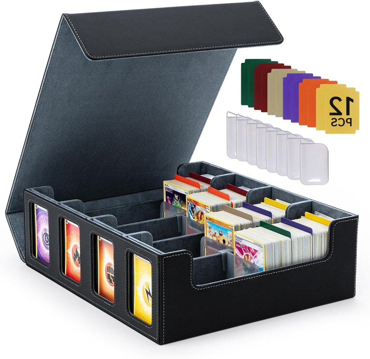 Deck Box voor Meer dan 3200 Kaarten, Magnetische Flip Box met PU Leer, 12 Kleurrijke Scheidingswanden en 8 Clips voor TCG en Magic Commander Kaarten, Zwart