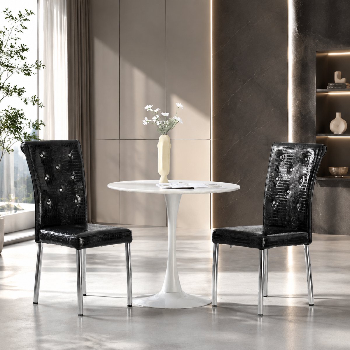 Welltin Eetkamerstoelen - Set Van 2 - Gestoffeerde eetkamerstoel - Eetkamerstoel - Eettafelstoel - Eetkamerstoelen - Stoel - Retro stijl - Zwart，zilver