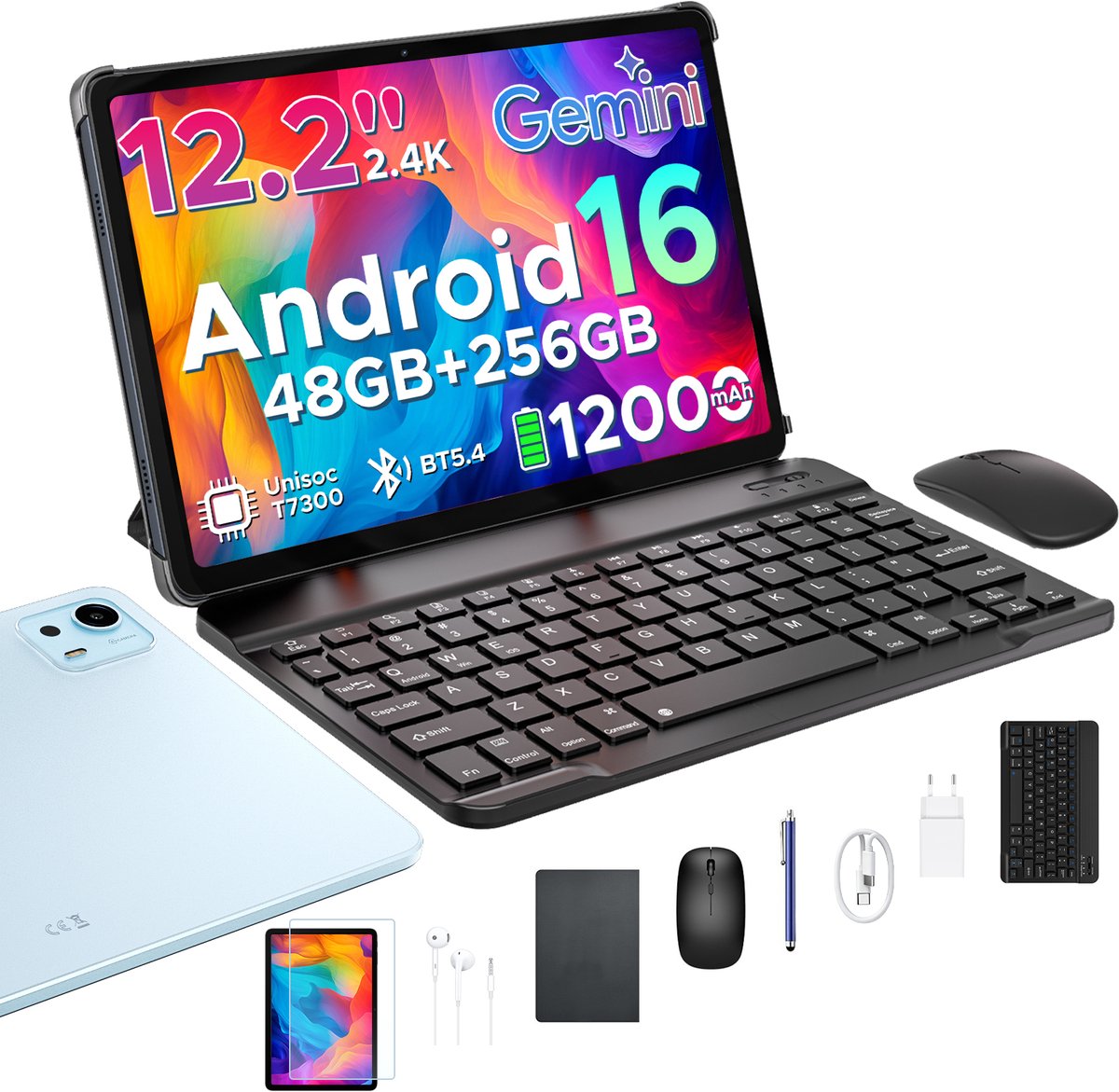 Aorlym P12 Plus - Tablet - 48GB RAM (12+36GB) + 256GB ROM (2 TB/TF) - 12,2 inch 2,4K 120Hz IPS - Android 16 - 12000mAh/18W - T7300 - Wi-Fi 5 - Bluetooth 5.0 - Quad-luidsprekers - Volledige accessoirebundel met toetsenbord en stylus