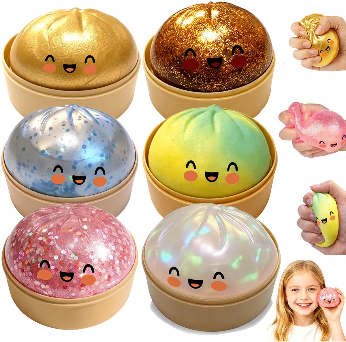 Dumpling squishy stressballen 6 Stuks - Glitter Dumpling stress fidget - Sensorische stressbal knijpspeelgoed - Stressverlichtende cadeaus voor kinderen en volwassenen -