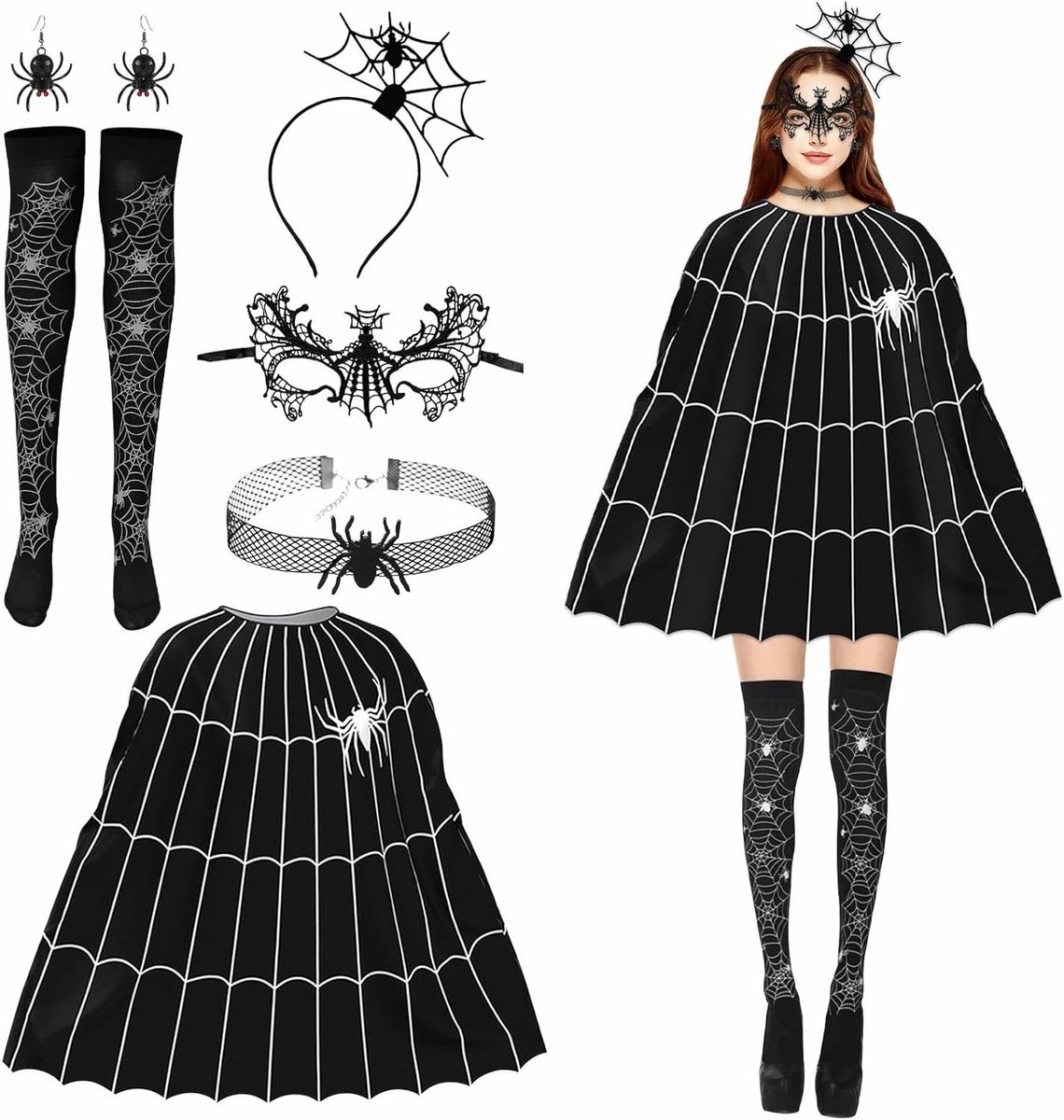 Spookachtige Halloween Kostuumset met Spinnenweb Poncho, Spinnenmasker, Haarband, Sieraden en Kousen voor Vrouwen